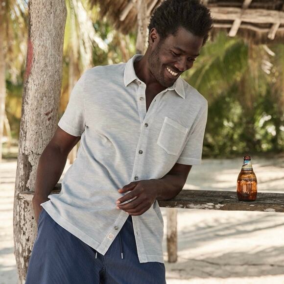 Marine Layer NWT Vintage Heavy Slub Button Down Short Sleeve Shirt Light Grey L - Picture 2 of 10